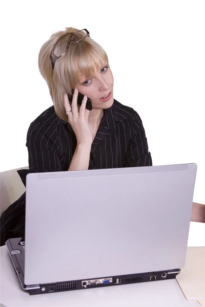 Isolierte Geschäftsfrau Schreibtisch Bei Der Arbeit Weißer Hintergrund — Stockfoto