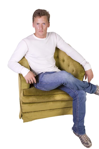 Homme Blanc Assis Sur Chaise Fond Blanc Détendu — Photo