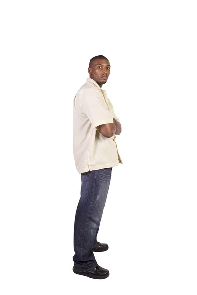 Casual Black Man His Arms Crossed Posing Isolated Background — Stock Photo, Image