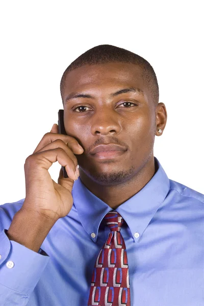 Białym Tle Biznesmen Czarny Ręką Kieszeni Rozmawia Przez Telefon — Zdjęcie stockowe