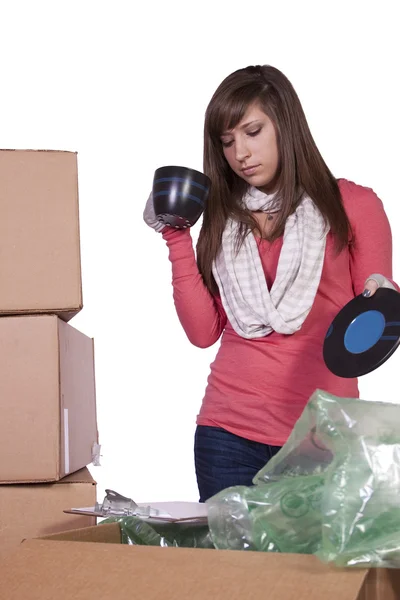 Young Girl Packing Moving White Background — Stock Photo, Image