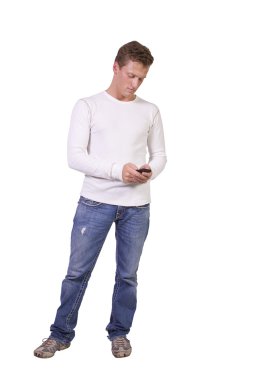 Casual man texting on cell phone clipart