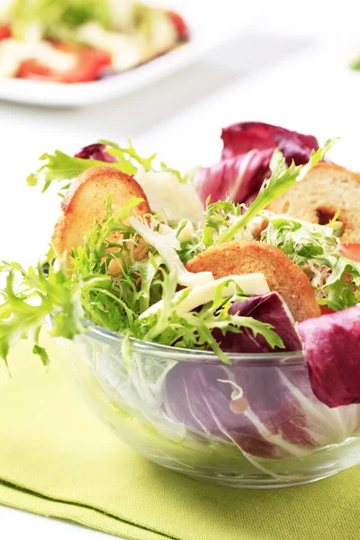 Green salad with crostini and cheese — Stock Photo, Image