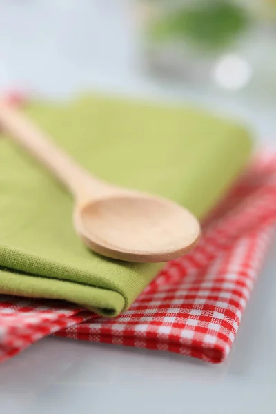 Wooden Spoon Tea Towels Closeup — Stock Photo, Image