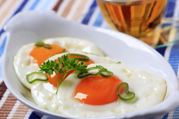 Fried Eggs Porcelain Dish Detail — Stock Photo, Image