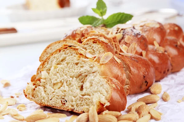 Sweet Braided Bread Almonds Raisins — Stock Photo, Image