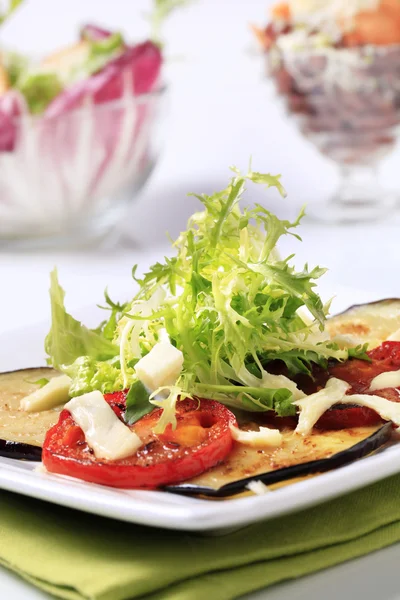 Baked Aubergine Tomato Salad Greens Cheese — Stock Photo, Image