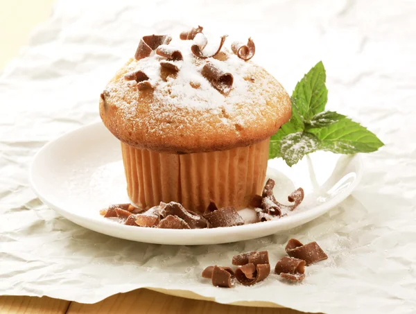 Friss Muffin Porcukros Cukor Csokoládé Forgács — Stock Fotó