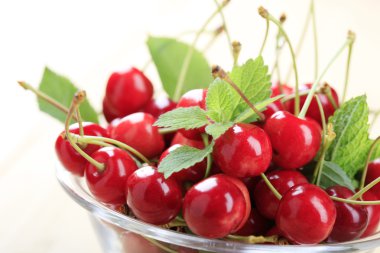 Bowl of freshly picked red cherries - detail clipart