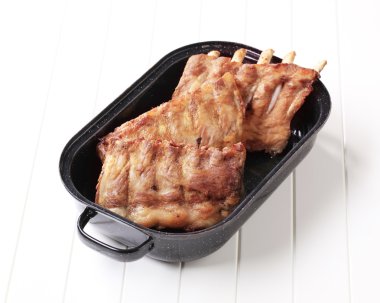 Oven-roasted rack of pork ribs in a pan clipart