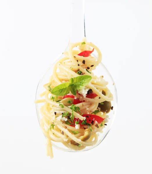 Spoon Pasta Salad Sprinkled Parmesan — Stok fotoğraf
