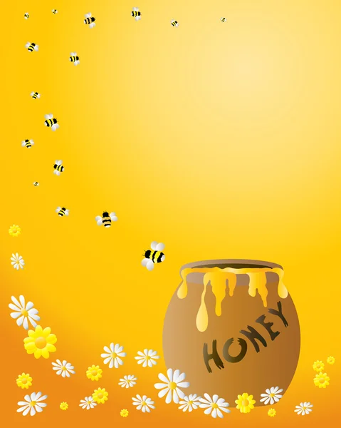 Tarro de miel con abejas — Vector de stock