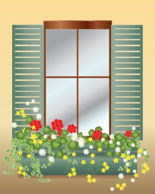 An illustration of a window box with geraniums bidens and daisies on an old house with wooden shutters in the sunshine clipart