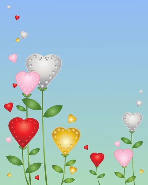 Çiçekler Kırmızı Altın Gümüş Pembe Mavi Yeşil Zemin Üzerine Sevgi — Stok Vektör