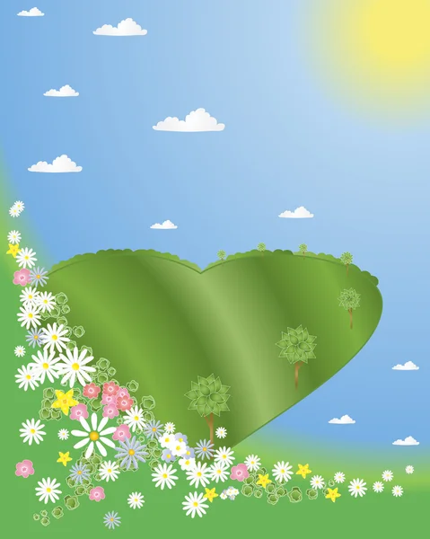 Illustration Heart Shaped Garden Trees Flowers Summer Sky Background — Stock Vector