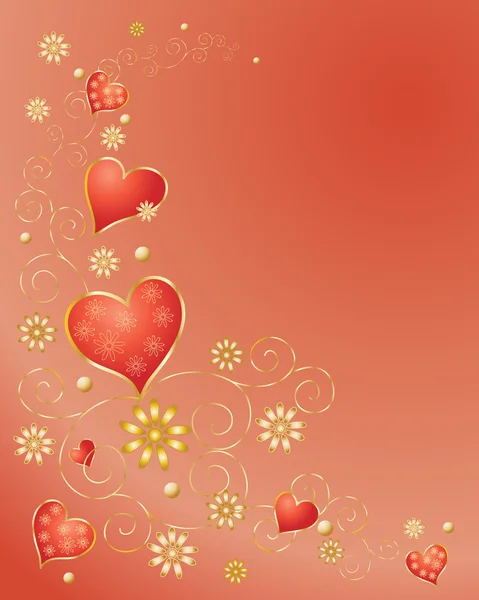 Ілюстрація Червоних Золотих Сердець Квітів Золотими Сувоями Червоному Тлі — стоковий вектор