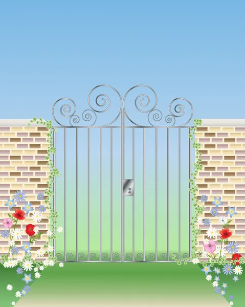 Illustration Eines Ornamentalen Tores Mit Gartenmauern Und Blumen Unter Blauem — Stockvektor