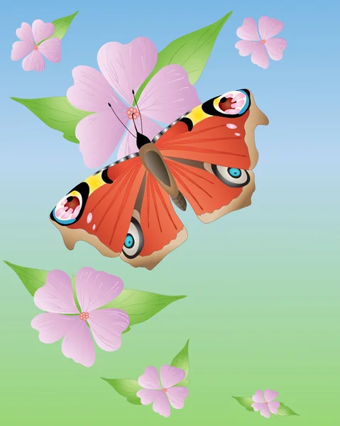 插图与孔雀蝴蝶打开翅膀上粉红色锦葵花在一片蓝天下 — 图库矢量图片