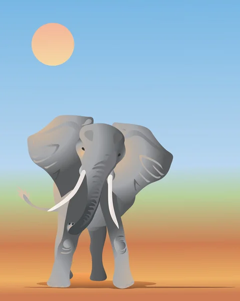在一个满是灰尘的风景在阳光下一头非洲大象的插图 — 图库矢量图片