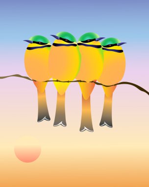 An illustration of four little green bee eaters sitting on a branch under a sunset sky clipart