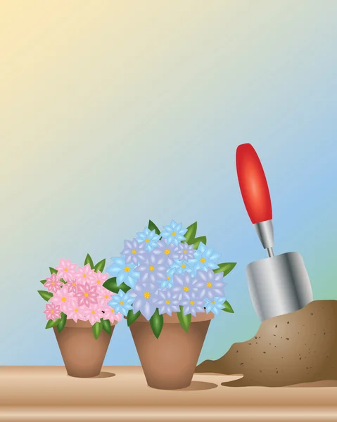Ilustracja Dwóch Doniczkach Kwiatów Ogrodu Kielnią Kompostu — Wektor stockowy