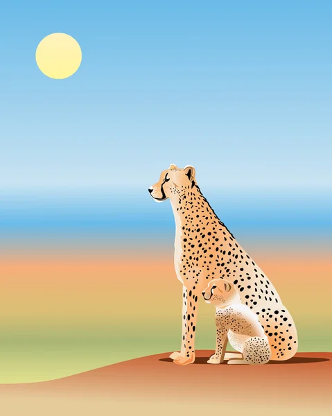 Illustration Guépard Adulte Son Ourson Regardant Travers Les Plaines Africaines — Image vectorielle