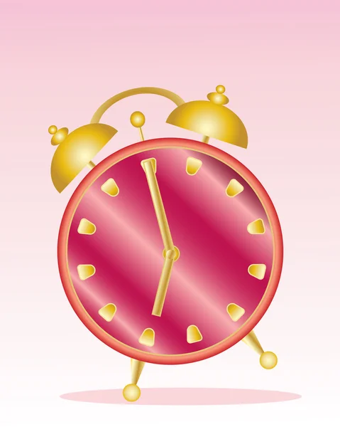 举例说明一个闹钟与红红的脸和粉红色的背景上的金柄 — 图库矢量图片
