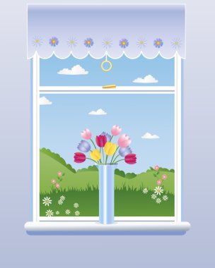 An illustration of a room window with a view of countryside a vase of tulips and a blue blind with flower decoration clipart