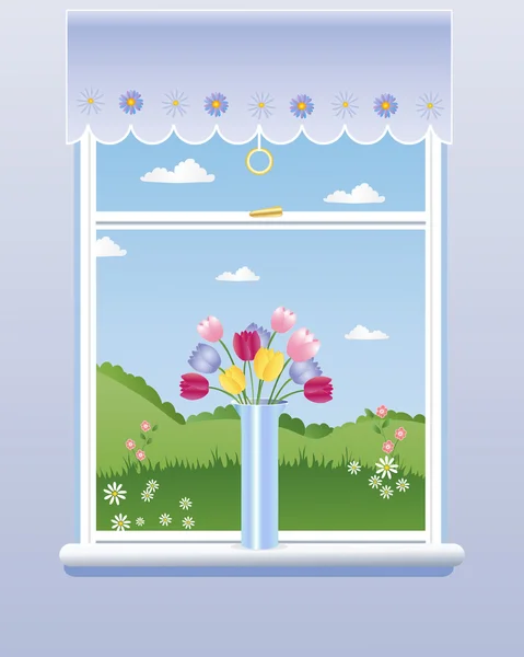 Ilustrace Okna Pokoje Výhledem Krajinu Váza Tulipány Modrá Clona Květinovou — Stockový vektor