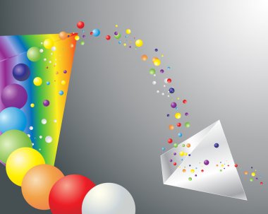An illustration of prisms with rainbow spheres on a light gray background clipart