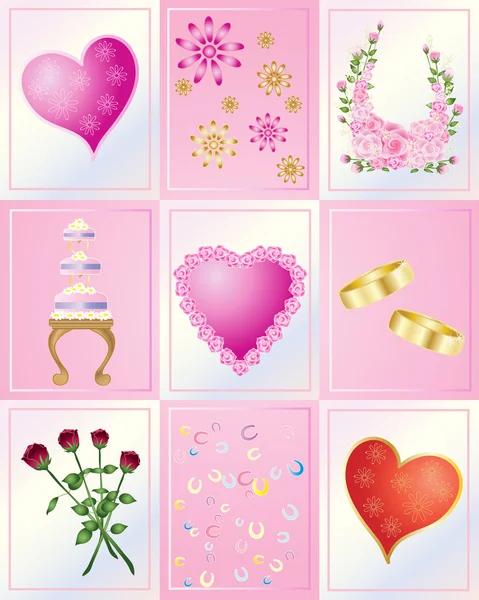Illustration Hearts Flowers Confetti Cake Wedding Rings Pink Pearl Tiles — Stock Vector