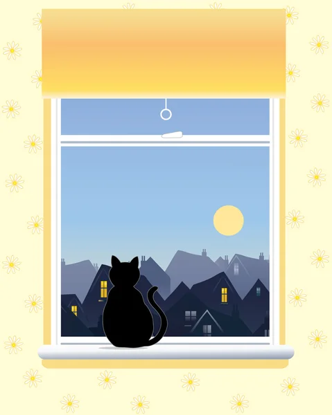 插图窗口的桔子的盲目的一只黑猫和一个视图飞越城市屋顶在一个阳光明媚的早晨 — 图库矢量图片