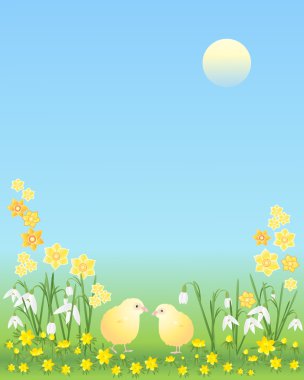 Easter chicks with flowers clipart