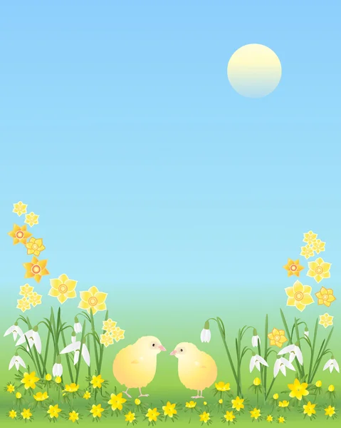 Easter chicks with flowers — Stock Vector