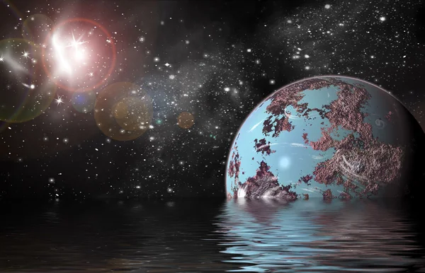 Planeta no espaço Reflexo na água — Fotografia de Stock