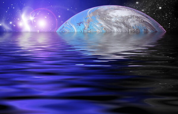 Planet in space Reflected in water in the star sky