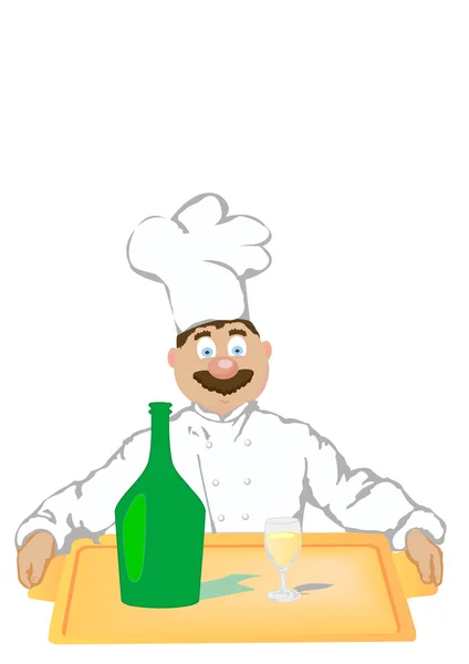 Die Vektorillustration der fröhliche Koch hält ein Tablett mit einem Bo — Stockvektor