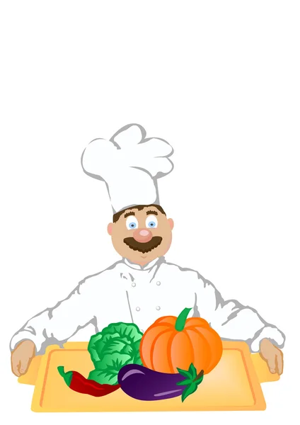 Die Vektorillustration Der Fröhliche Koch Hält Ein Tablett Mit Gemüse — Stockvektor
