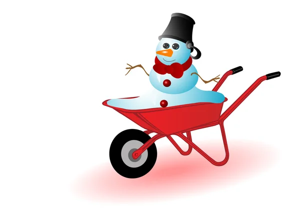 Ilustración vectorial del muñeco de nieve en una carretilla roja — Archivo Imágenes Vectoriales