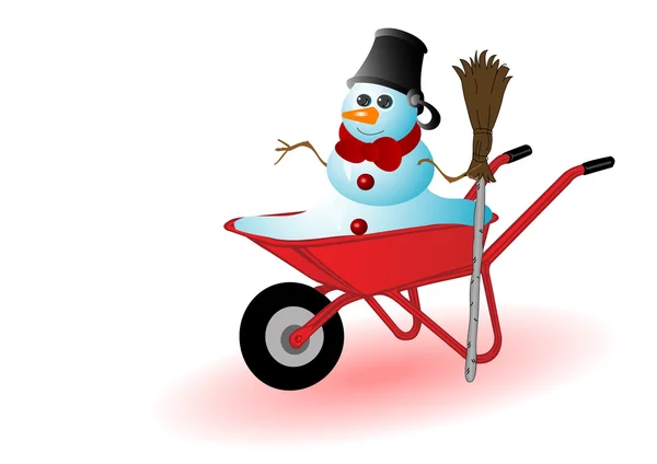 Vector Illustration Snowman Red Wheelbarrow — Stock Vector