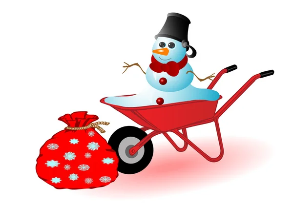 Vectorillustratie Sneeuwpop Een Rode Kruiwagen — Stockvector
