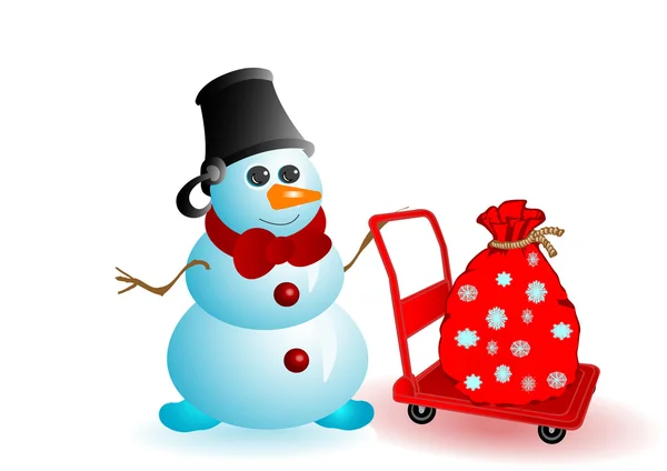 Vectorillustratie Kerst Sneeuwpop Met Giften Een Zak Een Rode Kruiwagen — Stockvector