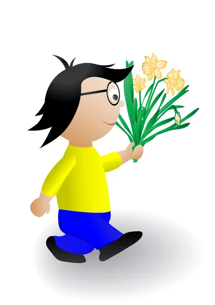 Vector Illustration Boy Bunch Flowers — Stock Vector