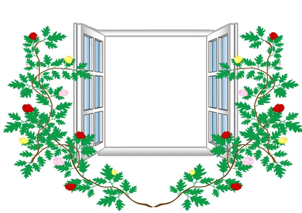 Illustration vectorielle une fenêtre ouverte avec des motifs de fleurs — Image vectorielle