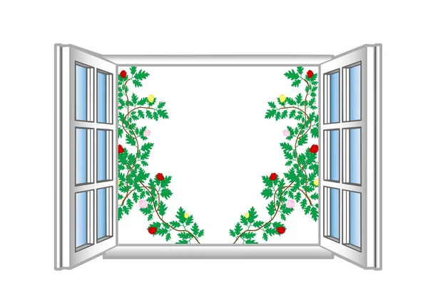 Ilustracja wektorowa otwartego okna z wzorami kwiatów — Wektor stockowy