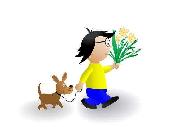 Ilustração vetorial o menino com um cão e um monte de flores —  Vetores de Stock
