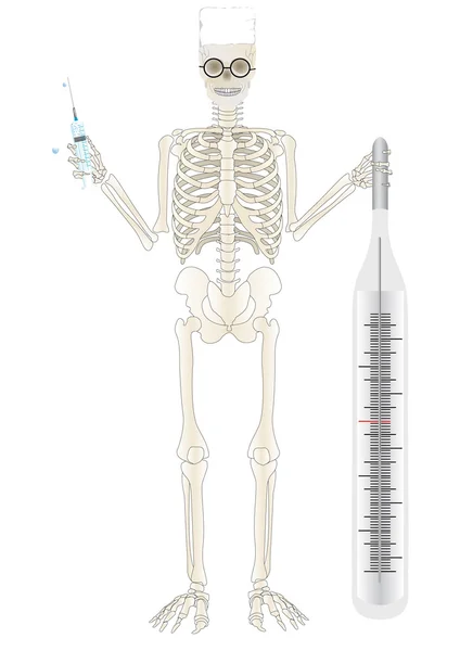 Vector Een Skelet Van Persoon Met Een Spuit Thermometer Een — Stockvector
