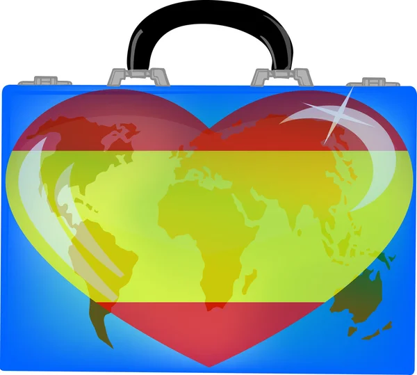 Vektorové ilustrace kufr s zeměkoule a srdce Španělsko — Stockový vektor
