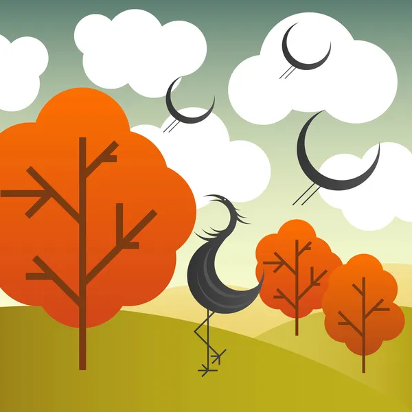 Paysage d'automne vectoriel avec grues oiseaux et arbres — Image vectorielle