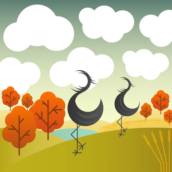 Jesień krajobraz wektor z żurawie ptaków i drzew — Wektor stockowy